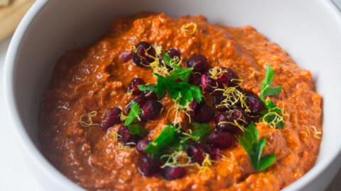 Muhammara dip topped with pomegranate seeds and lemon zest.