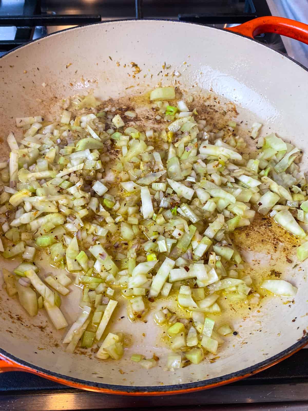 Saute the chopped fennel and shallot in olive oil.