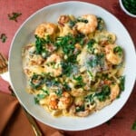 Creamy shrimp pasta with spinach and sundried tomatoes topped with Parmesan.