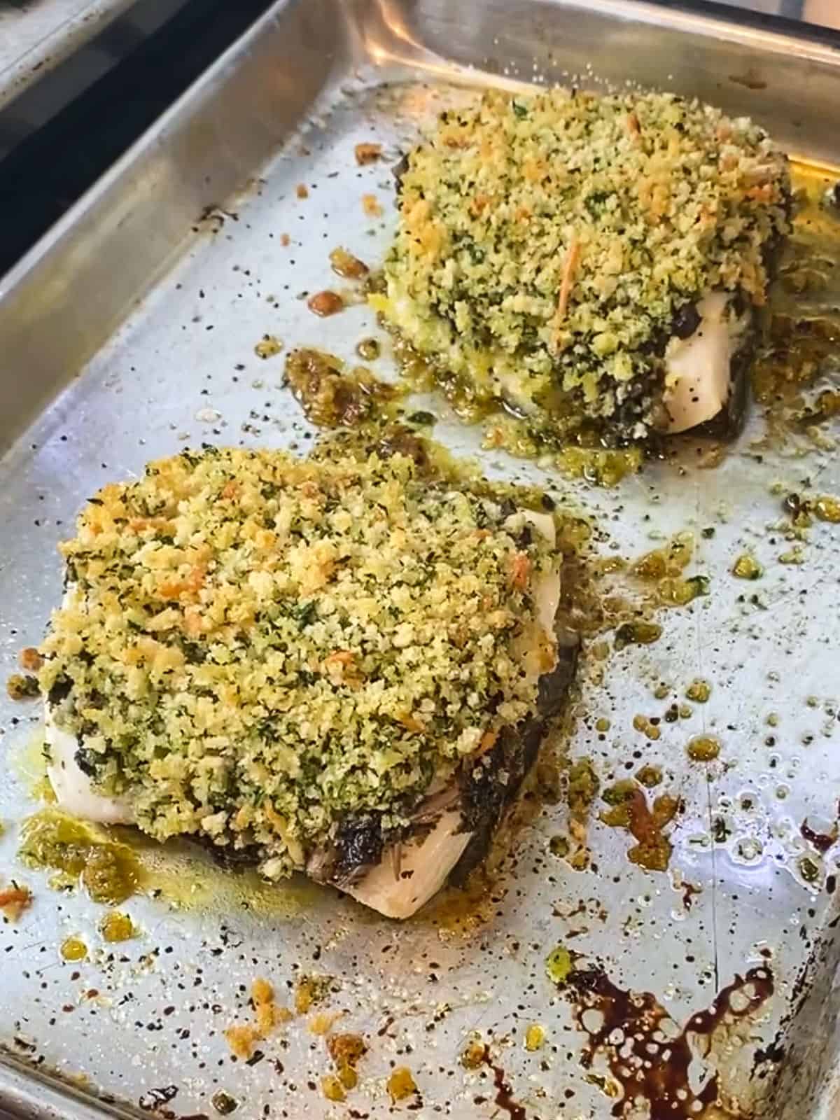 Bake the panko crusted halibut until the panko is lightly golden and crispy and the fish is just cooked through.