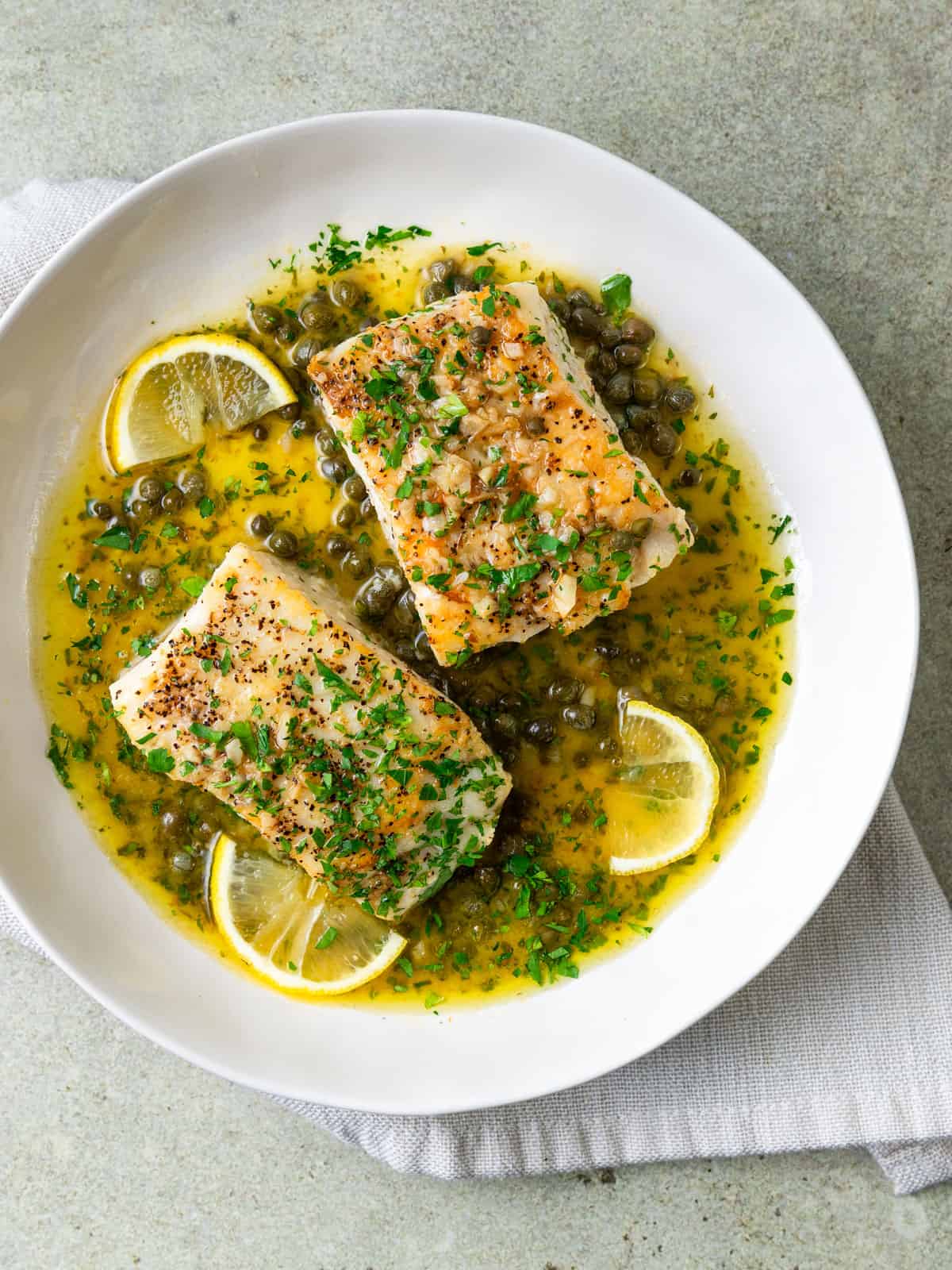 Halibut piccata with lemon, white wine and capers.