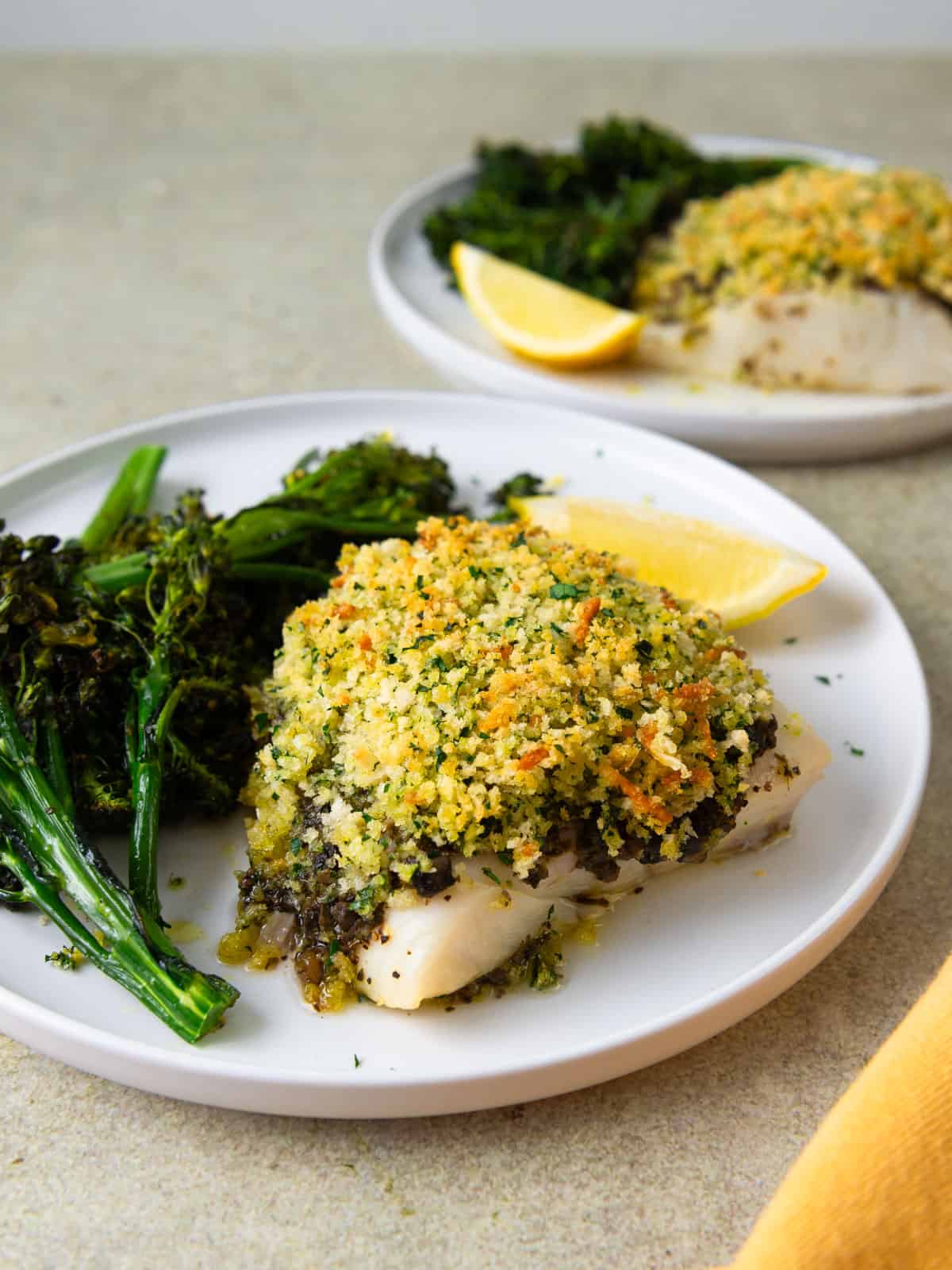 Panko crusted halibut with pesto and served with roasted broccolini on the side.