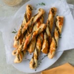 Savory puff pastry cheese straws with olive tapenade.