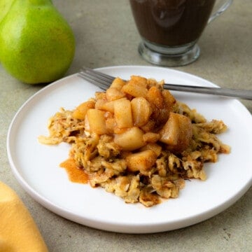 Sweet matzo brei with caramelized pears.