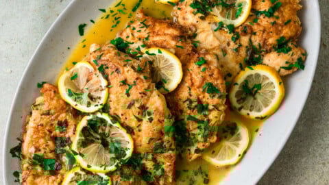 Recipe for chicken francese with lemon and white wine.