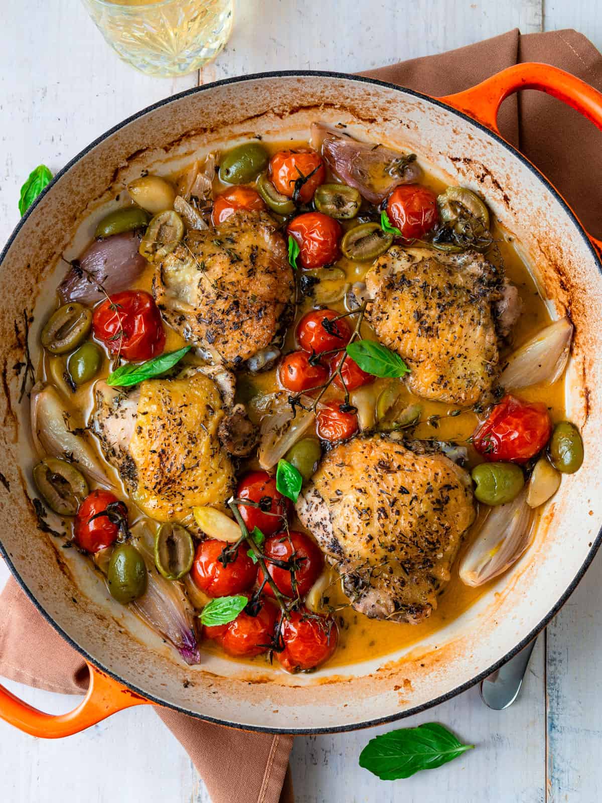 One pot chicken provencal recipe with white wine, cherry tomatoes and olives.