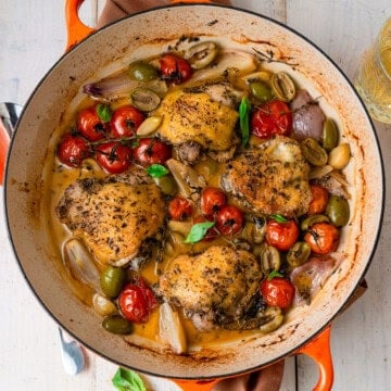 One pot chicken Provencal with white wine and olives.