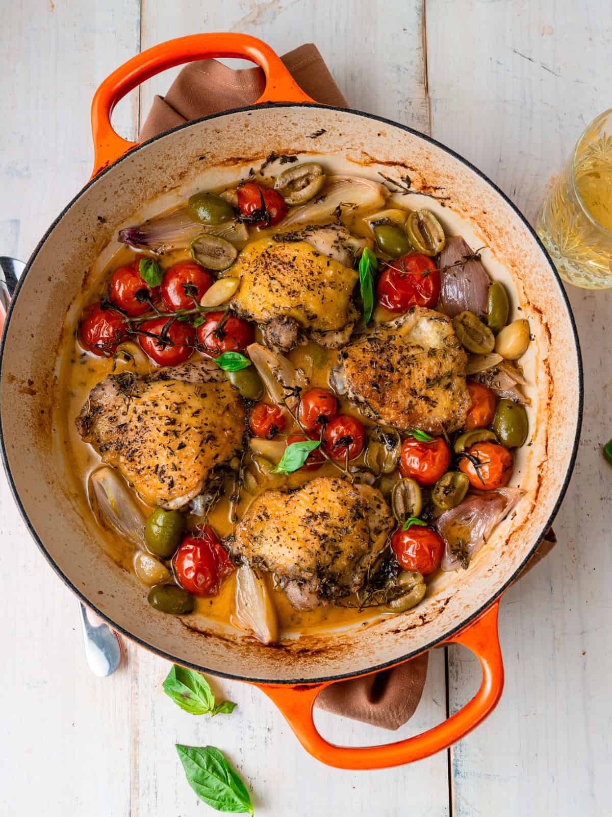 One pot chicken Provençal with cherry tomatoes and olives.