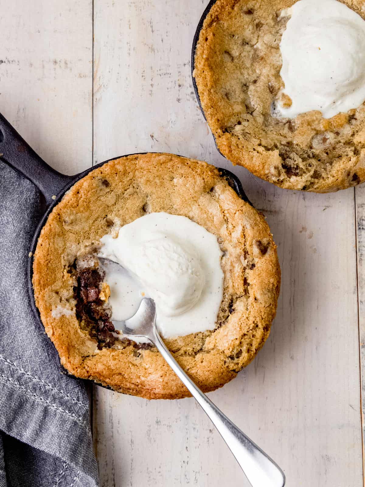 Skillet chocolate chip cookie with vanilla ice cream.