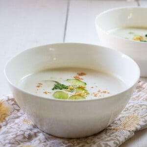 White gazpacho made with almonds, grapes and cucumber.
