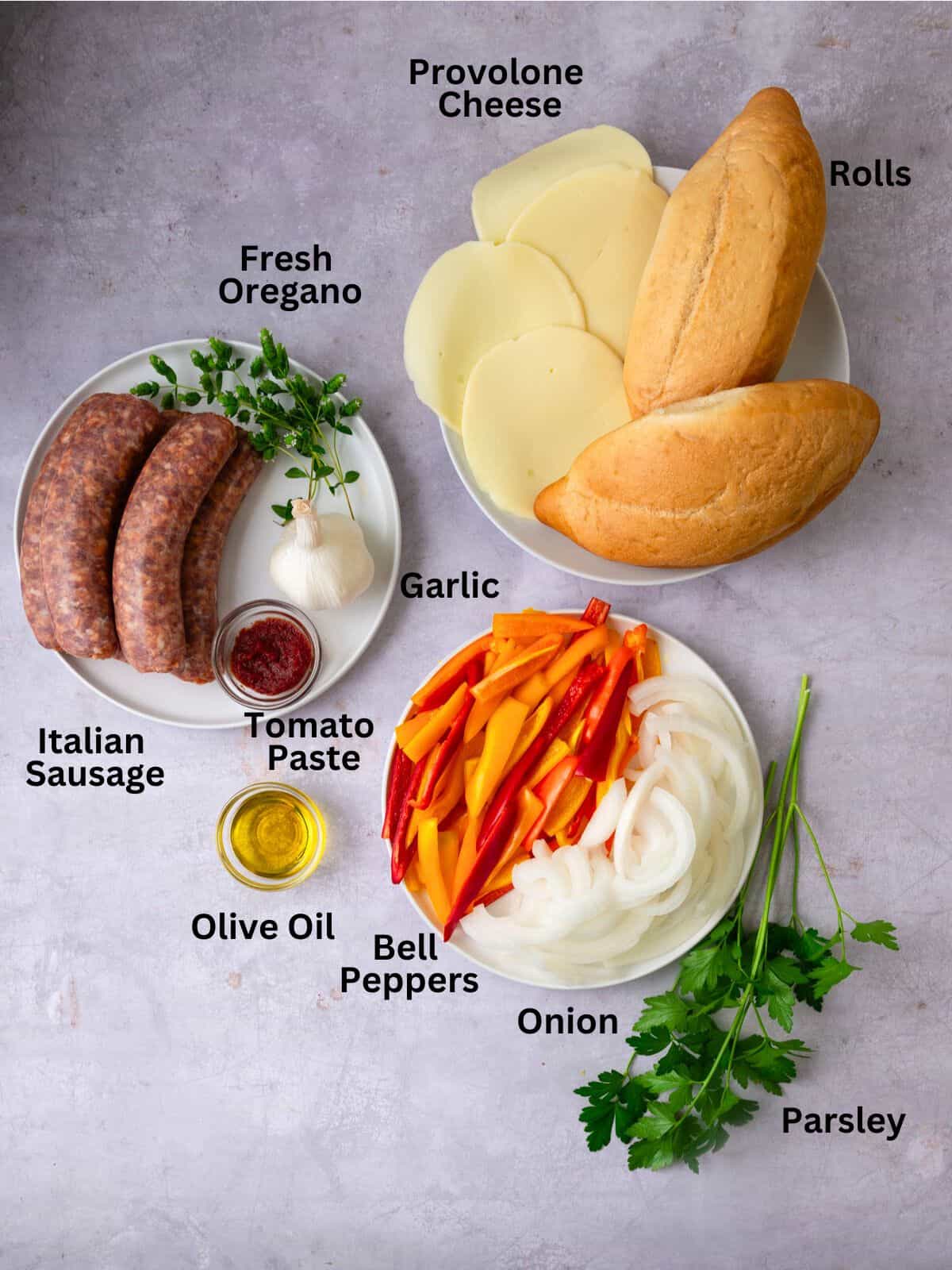 Ingredients for sausage and peppers including provolone cheese and hoagie rolls for sausage pepper sandwiches.