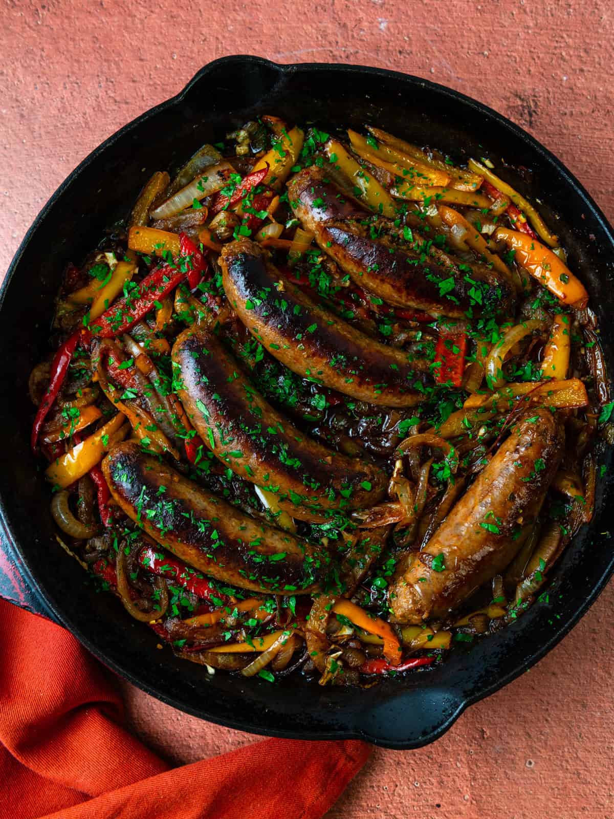 Italian sausage and peppers with onions and herbs.