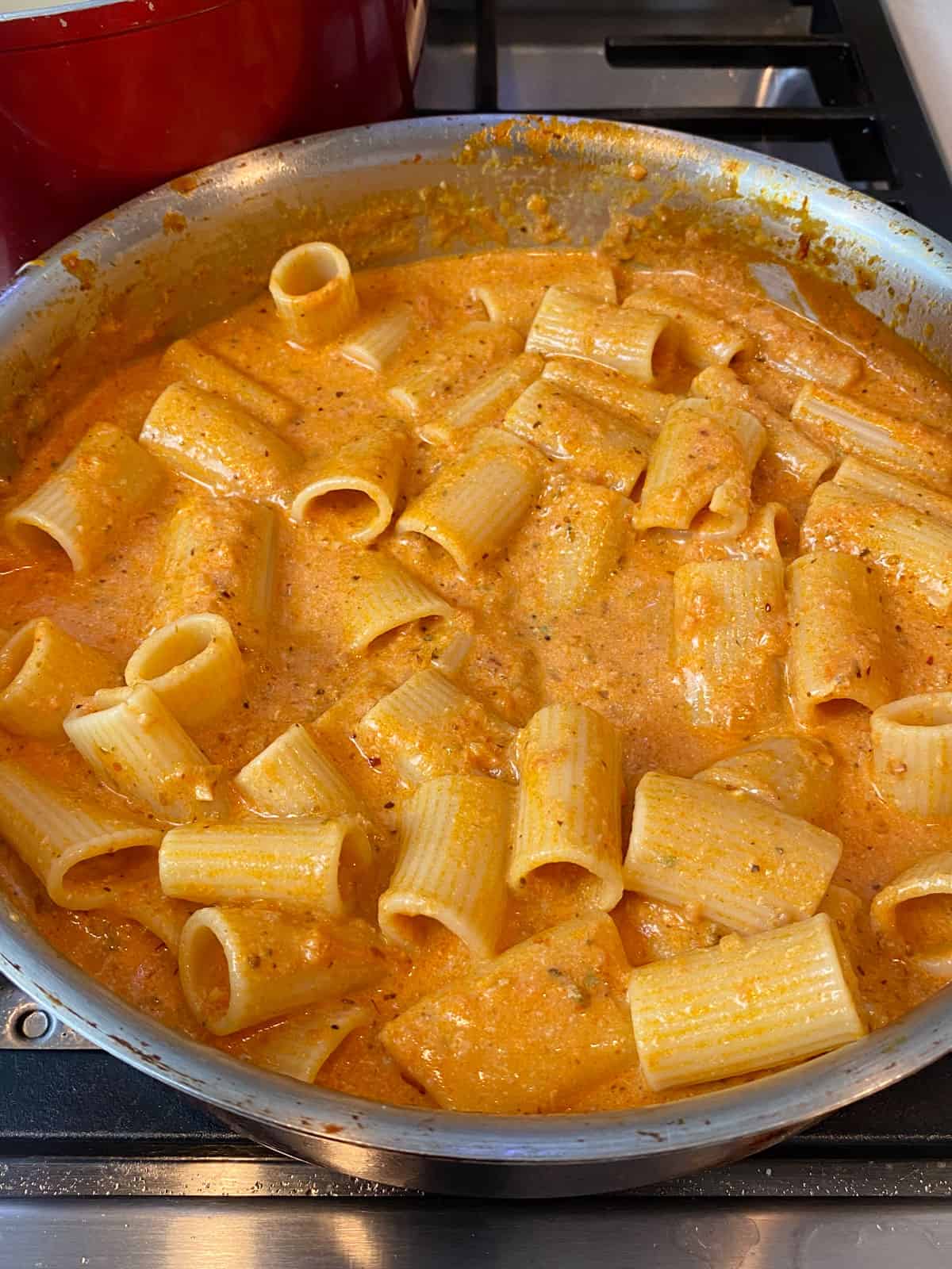 Toss the pasta with th pink sauce so all of the pasta is evenly coated.