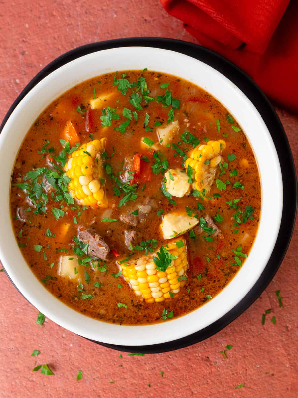 Argentinian beef stew with corn, sweet potatoes and peppers.