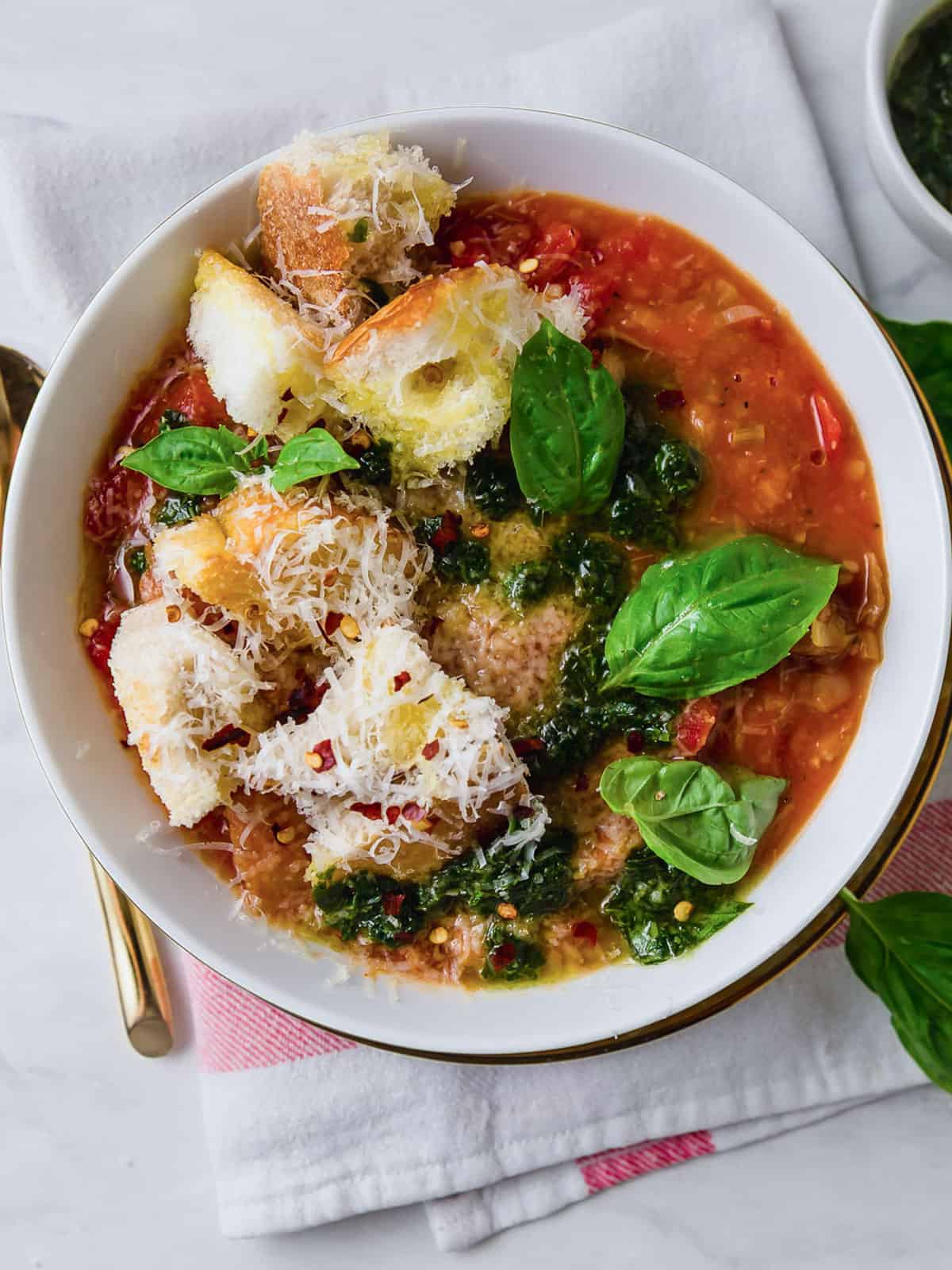 Italian bread and tomato soup with basil.