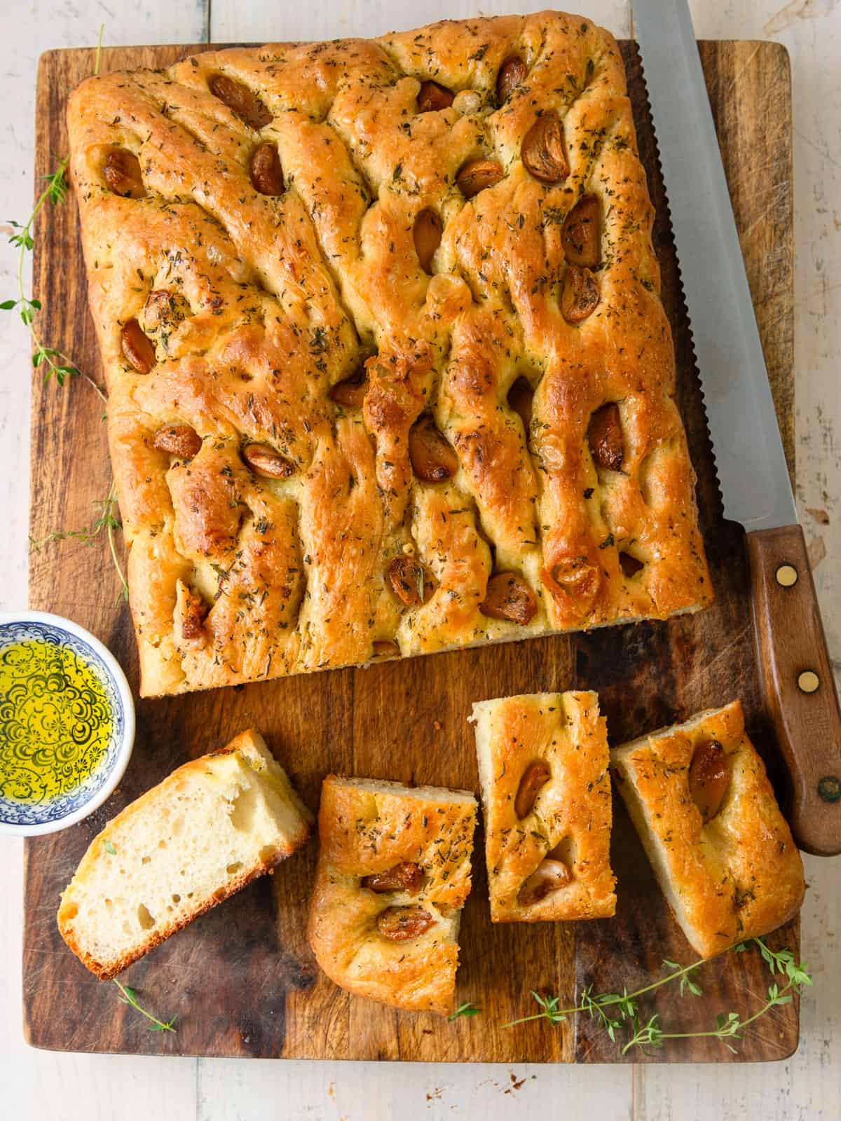 Roasted garlic focaccia with honey garlic glaze on top.