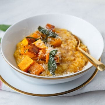 Butternut squash risotto with fried sage and Parmesan cheese.