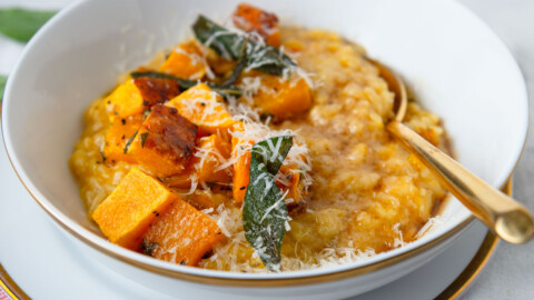 Butternut squash risotto with fried sage and Parmesan cheese.
