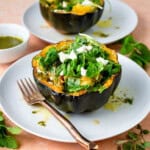Roasted acorn squash with goat cheese and arugula salad.