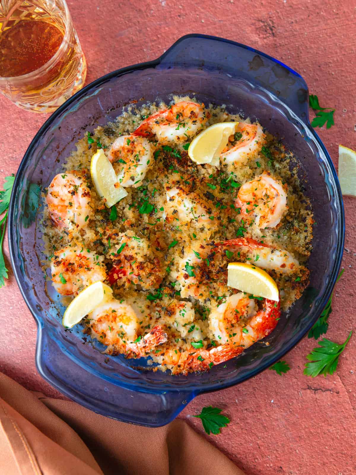 Lemony shrimp oreganata with parsley and white wine.