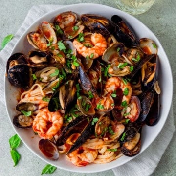 Seafood pasta with mussels, clams and shrimp.