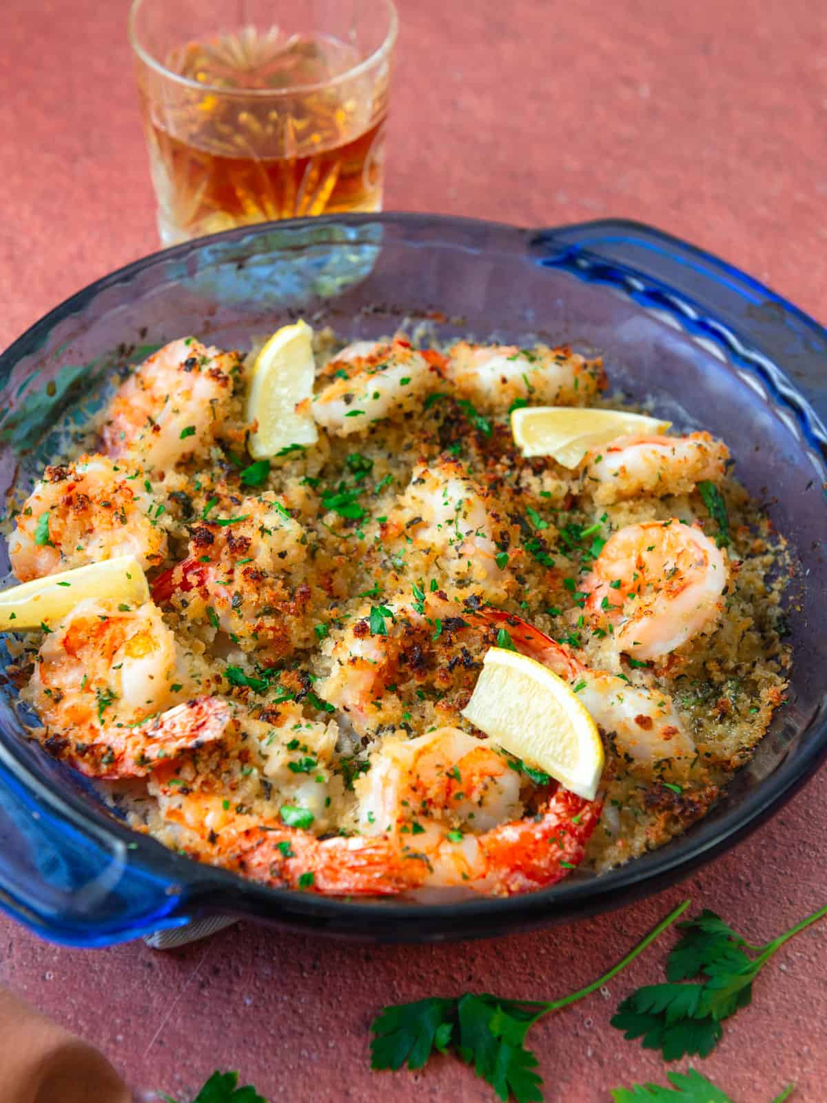 Shrimp oreganata with crisp panko topping and white wine.