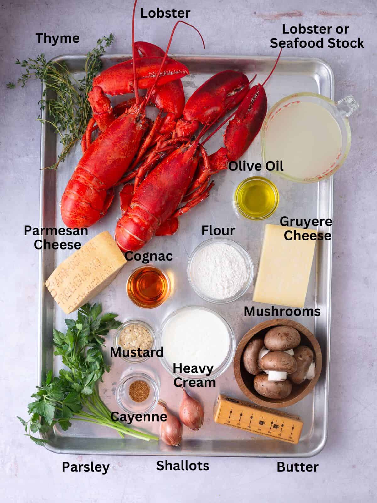 Ingredients for lobster thermidor, including Cognac, mushrooms, butter and heavy cream.