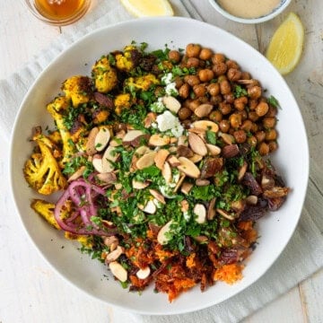 Mediterranean crispy rice salad with feta, cauliflower and tahini dressing.