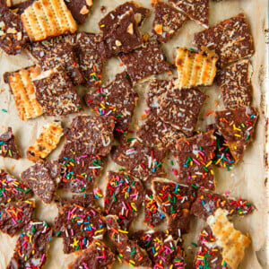 Chocolate matzo toffee topped with sea salt, nuts and coconut.