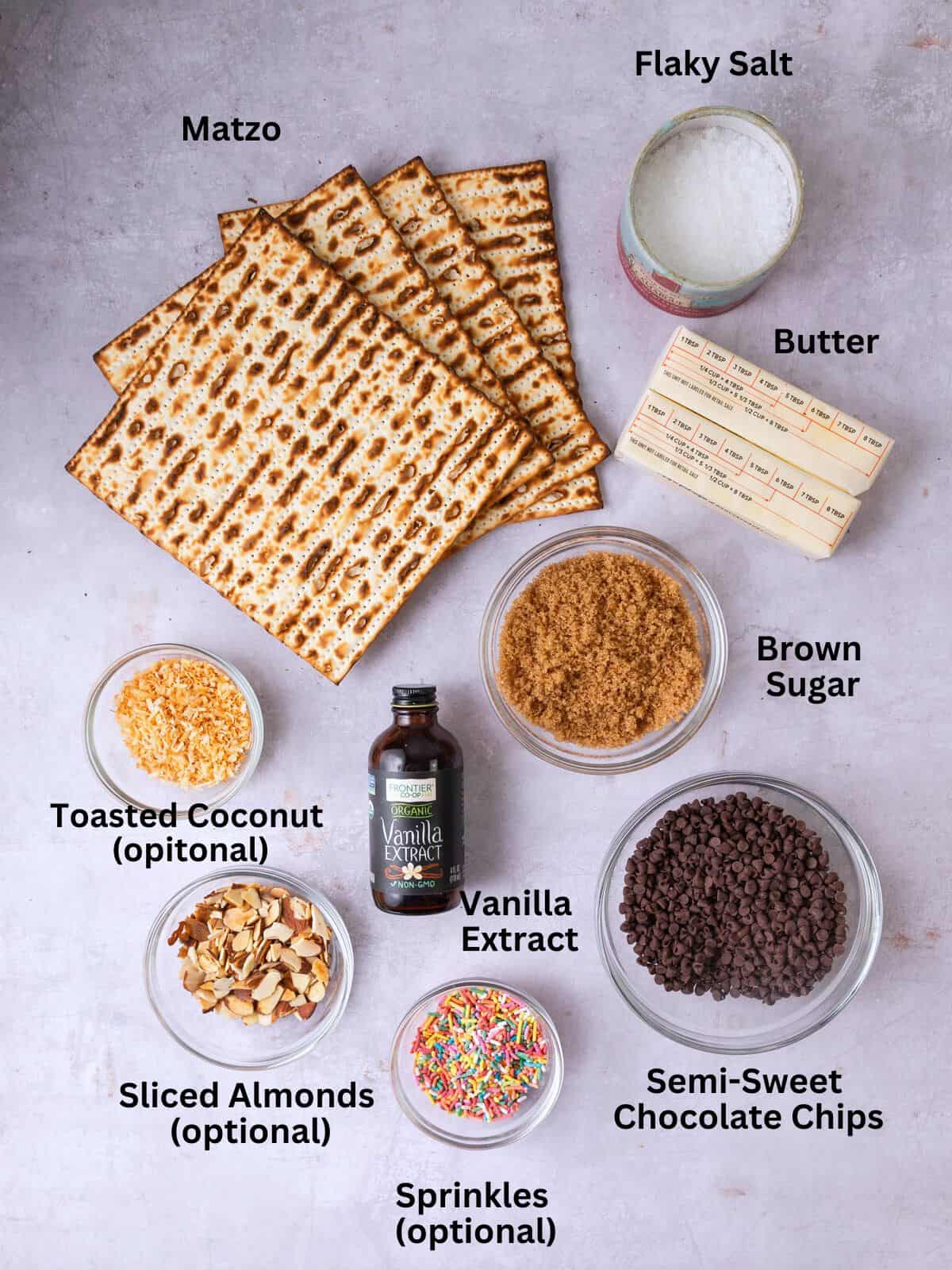 Ingredients for matzo toffee, including vanilla extract, brown sugar and butter.