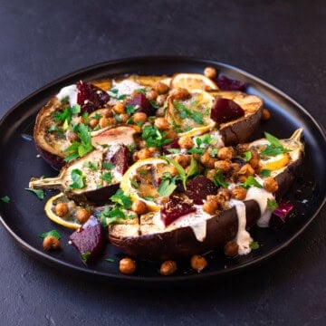 Mediterranean roasted eggplant with creamy tahini, za'atar and crispy chickpeas.