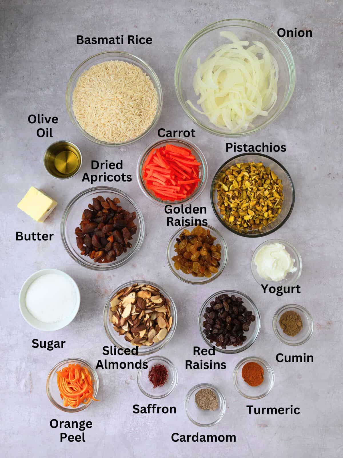 Ingredients for Persian jeweled rice with almonds, dried fruit and saffron.