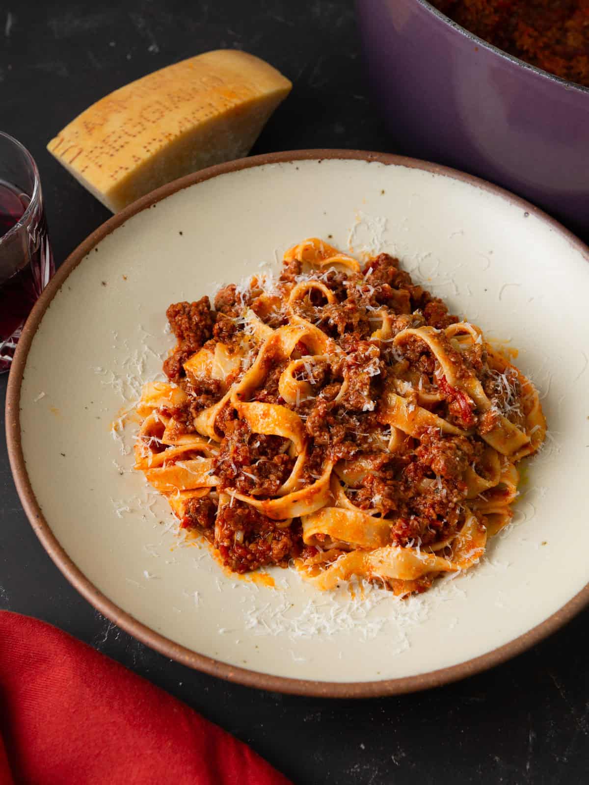 Pork and beef bolognese served with tagliatelle pasta.