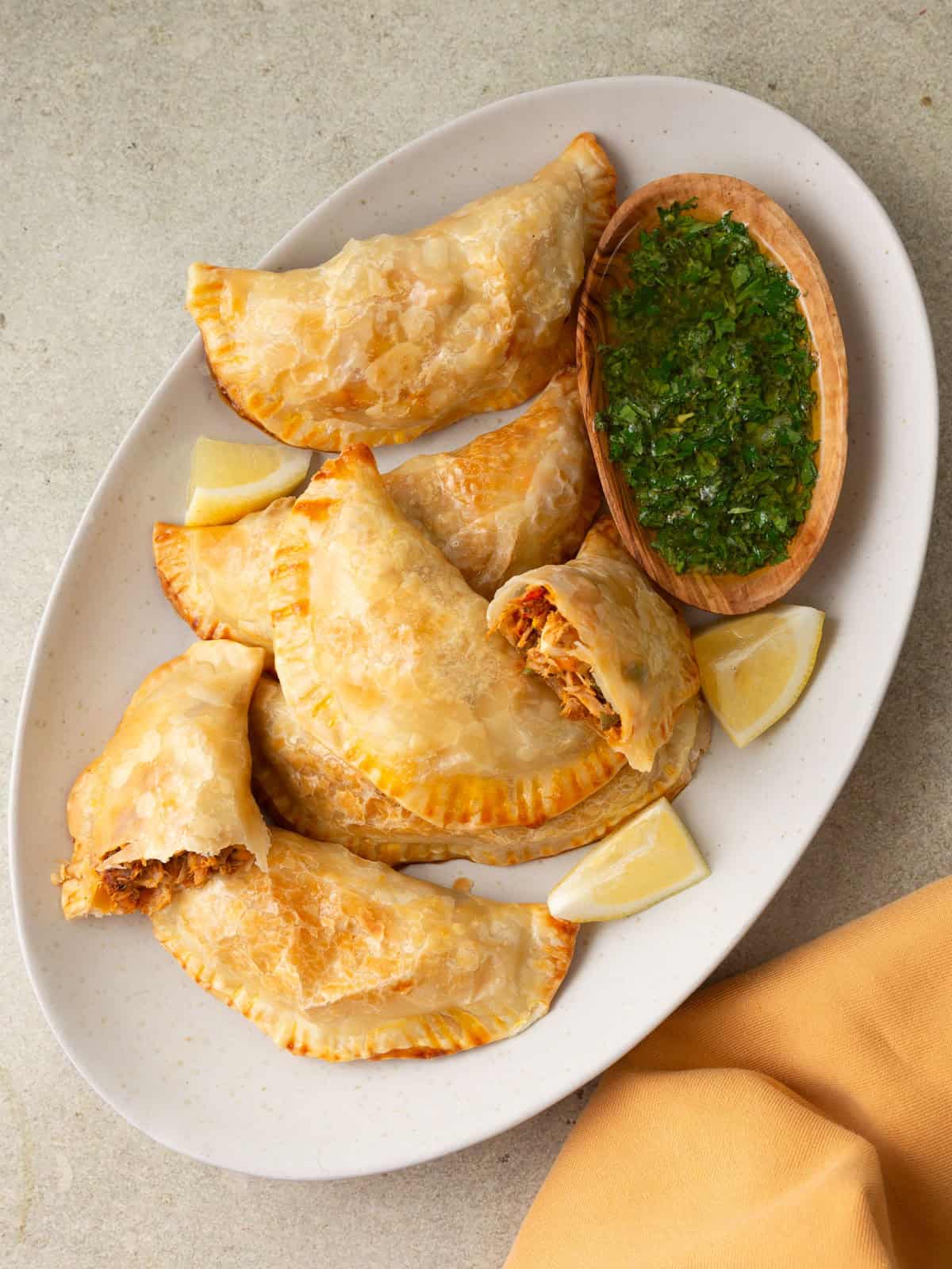 Tuna empanadas with olive and hard boiled eggs.
