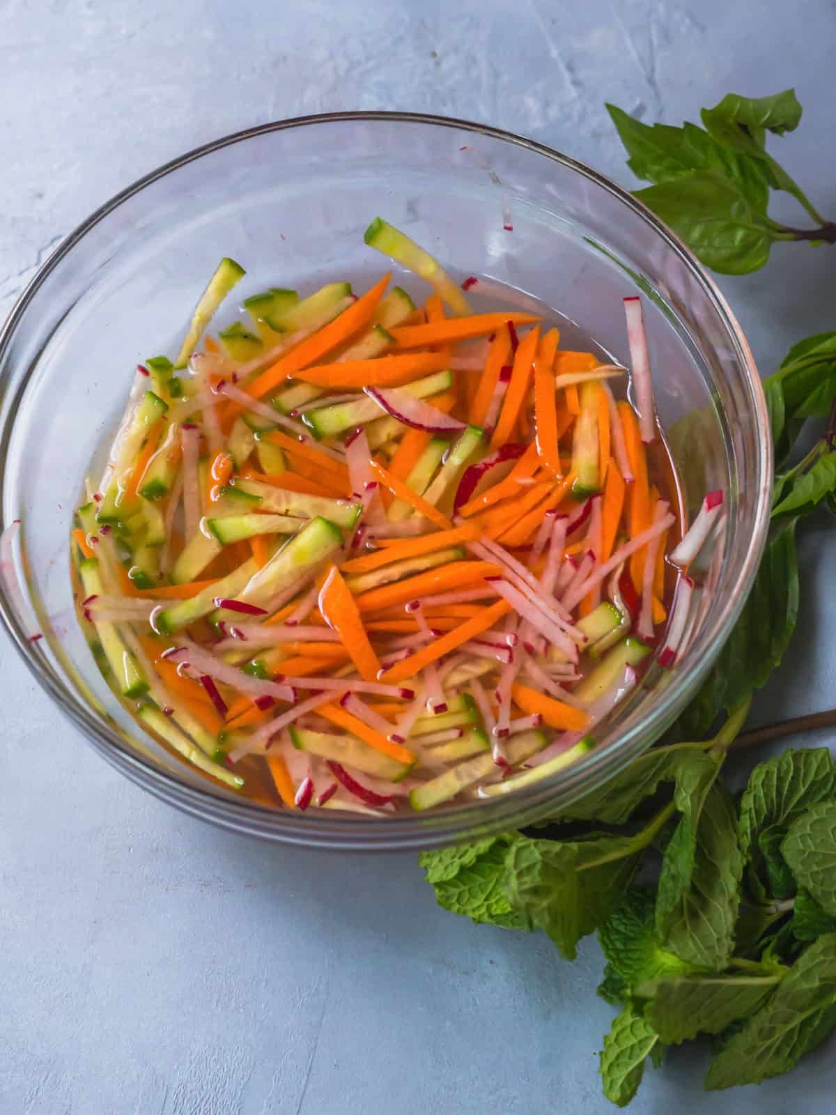 These quick Vietnamese pickled are made up of carrots, cucumber and radish and pickled in rice vinegar.