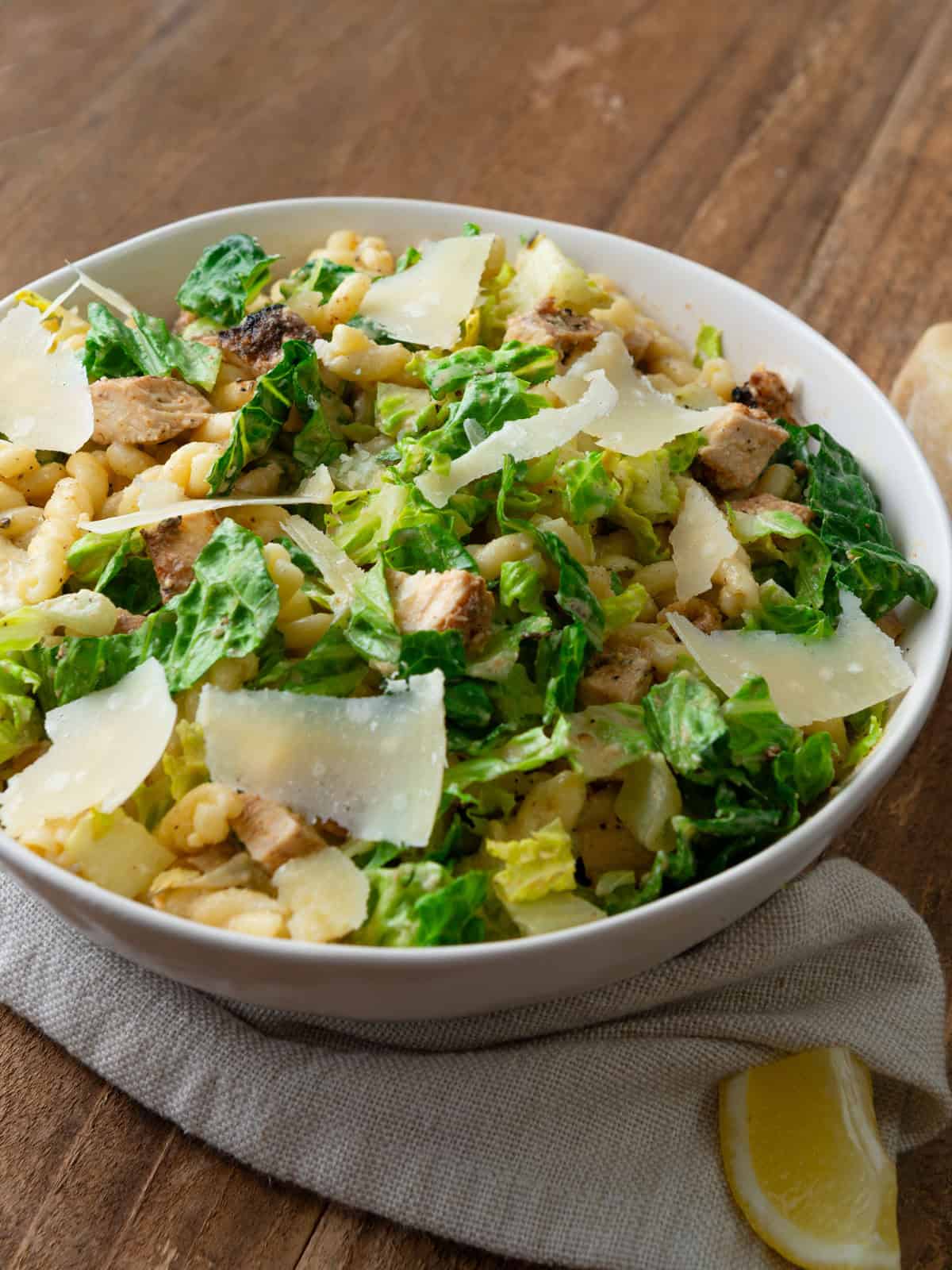 Chicken Caesar pasta salad with homemade dressing and smoky grilled chicken.