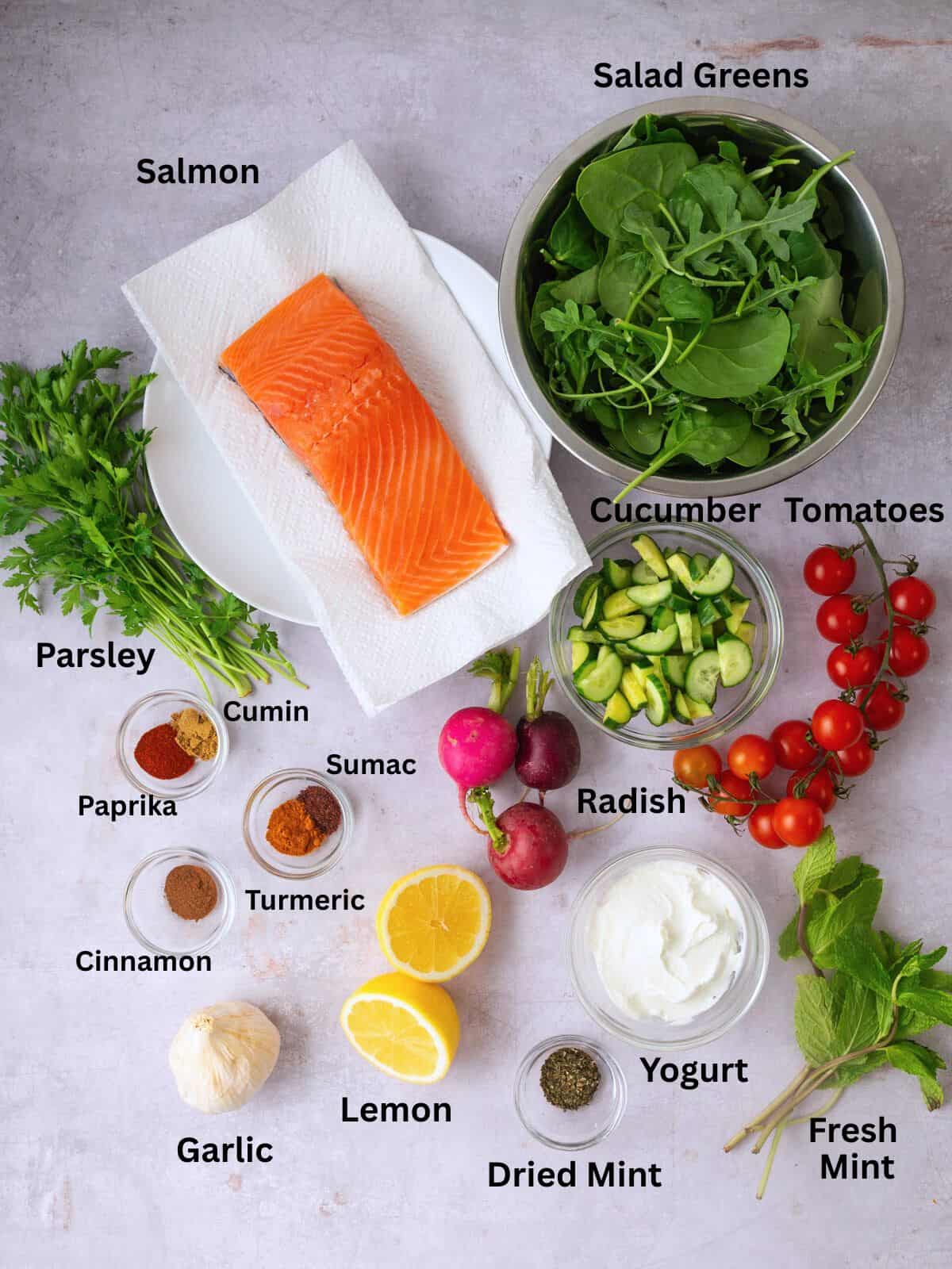 Ingredients for salmon shawarma salad, including Mediterranean spices, lemon, garlic and fresh herbs.