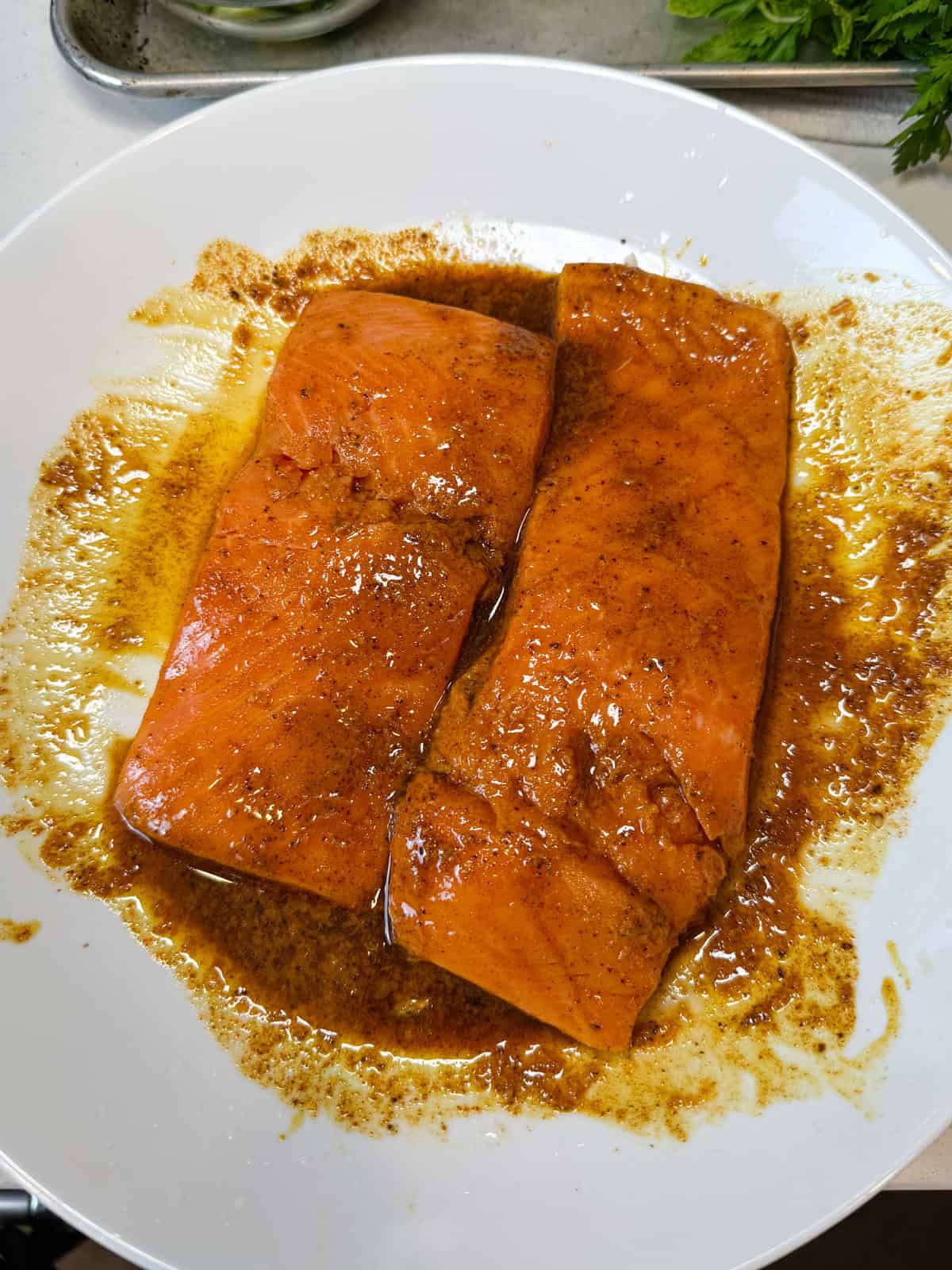 Marinate the salmon in the shawarma marinade for at least 15 minutes, coating all sides.