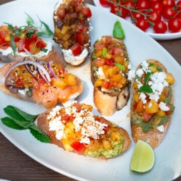 Tomato bruschetta toppings inspired by around the world.