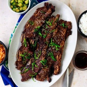 Grilled Korean short ribs with rice and kimchi.