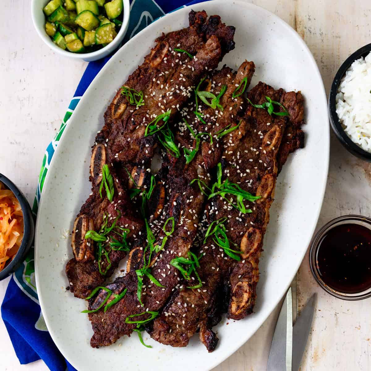 Grilled Korean short ribs with rice and kimchi.