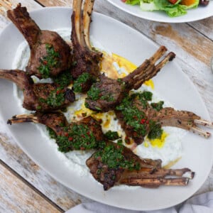 Grilled chimichurri lamb chops served over a creamy herb yogurt sauce.