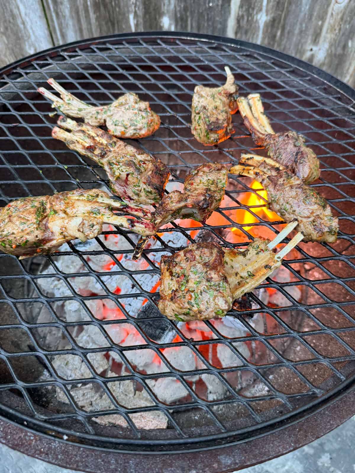 Grill the lamb chops until charred on the outside and tender in the center.