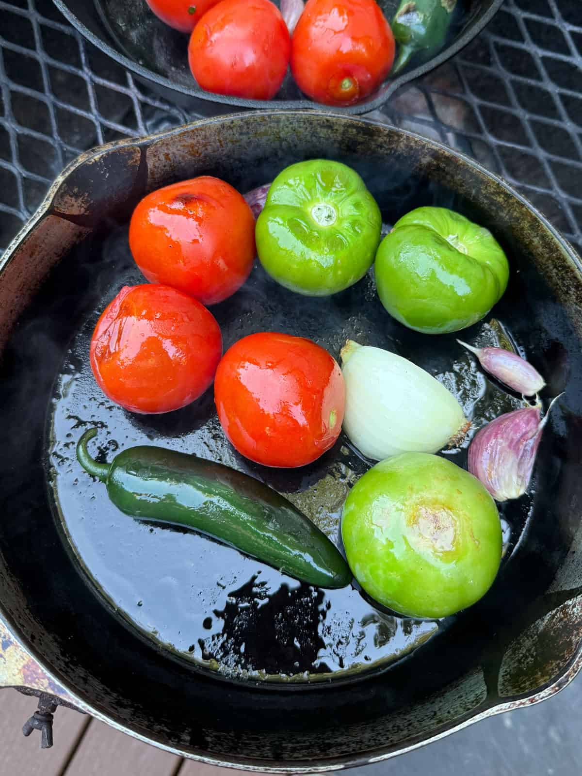 Add the vegetables to a hot cast iron skillet.