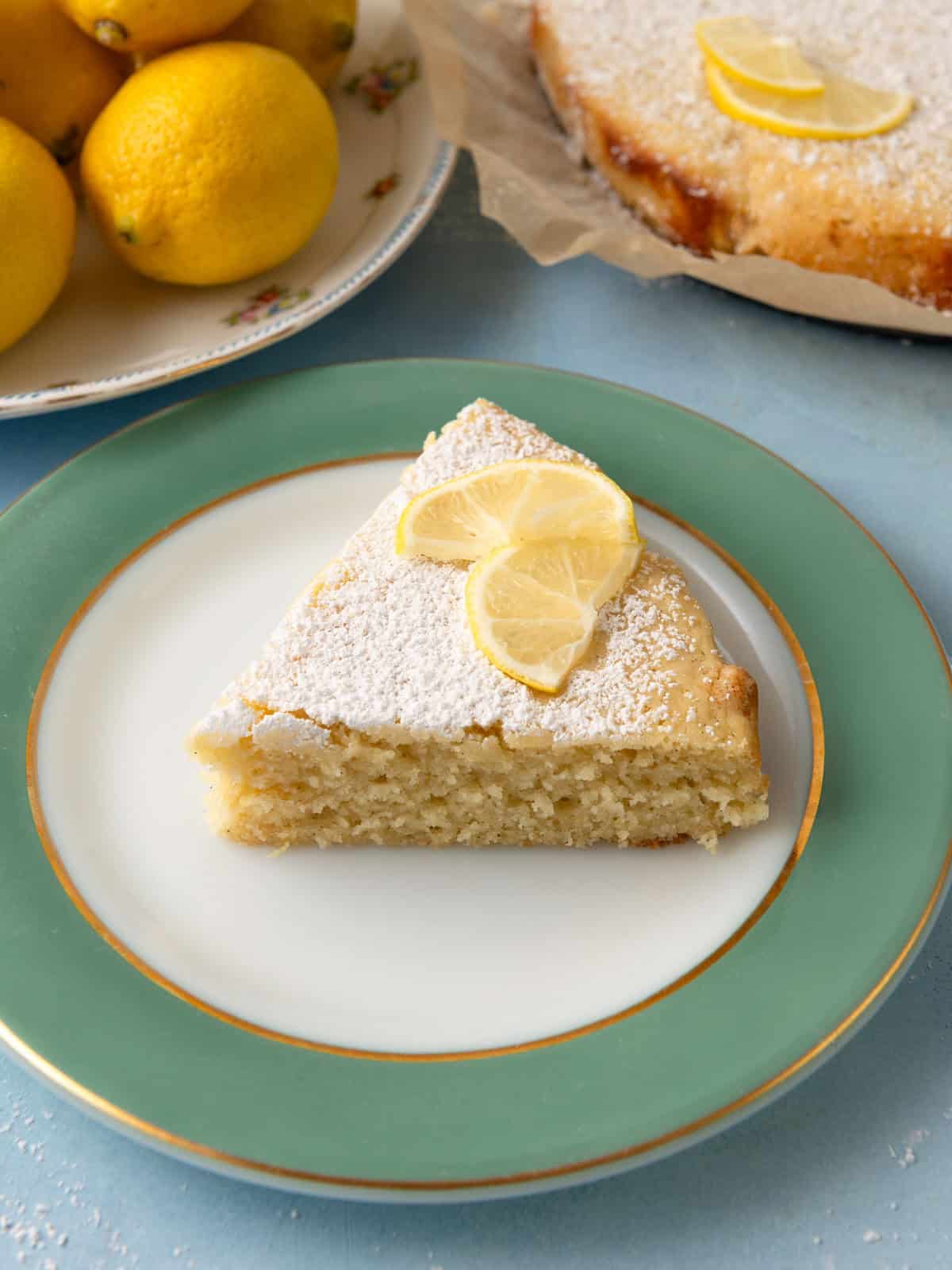 Light and sweet lemon olive oil cake with yogurt and vanilla.