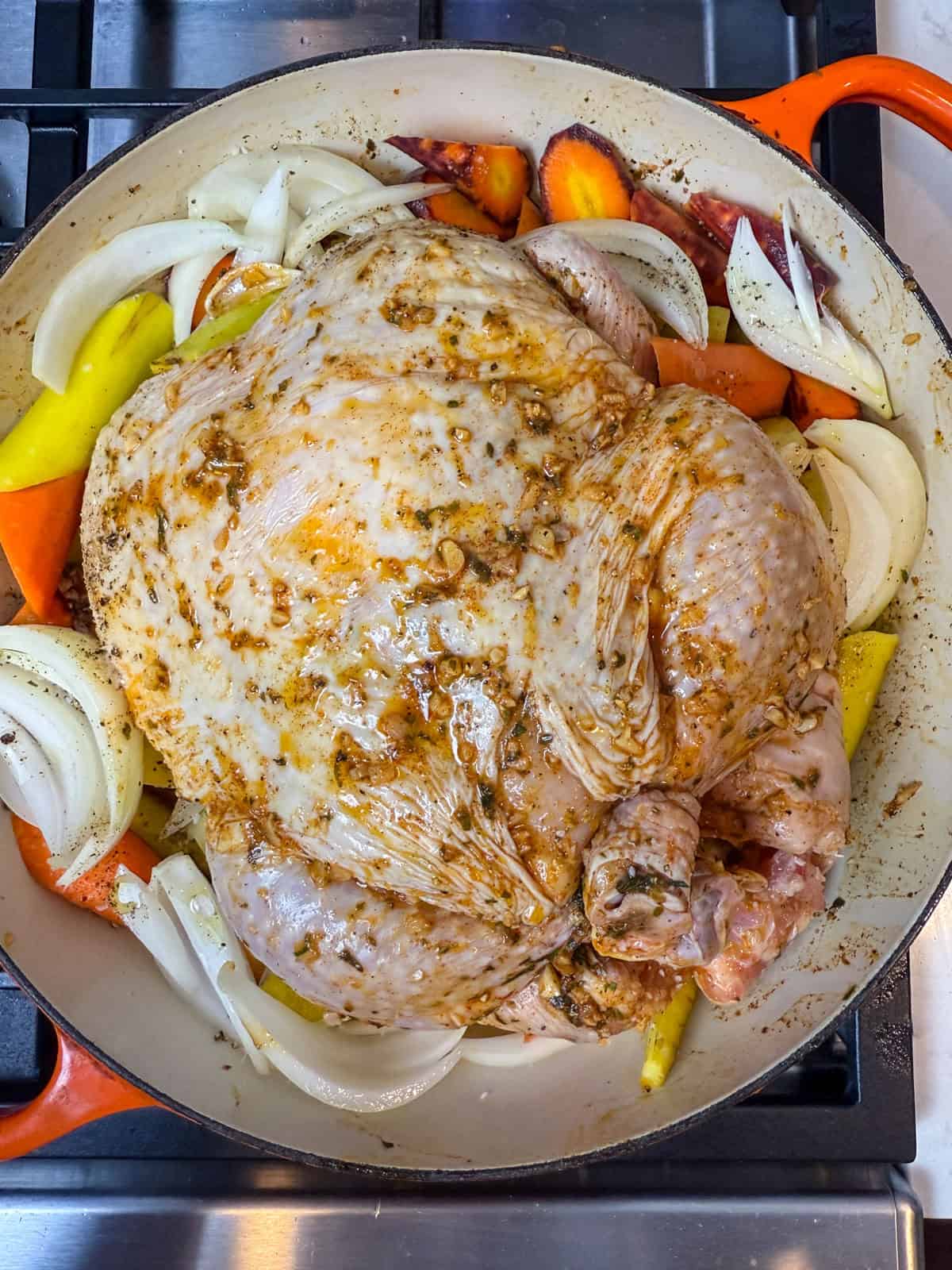 Rub the melted compound butter all over the whole chicken before roasting.