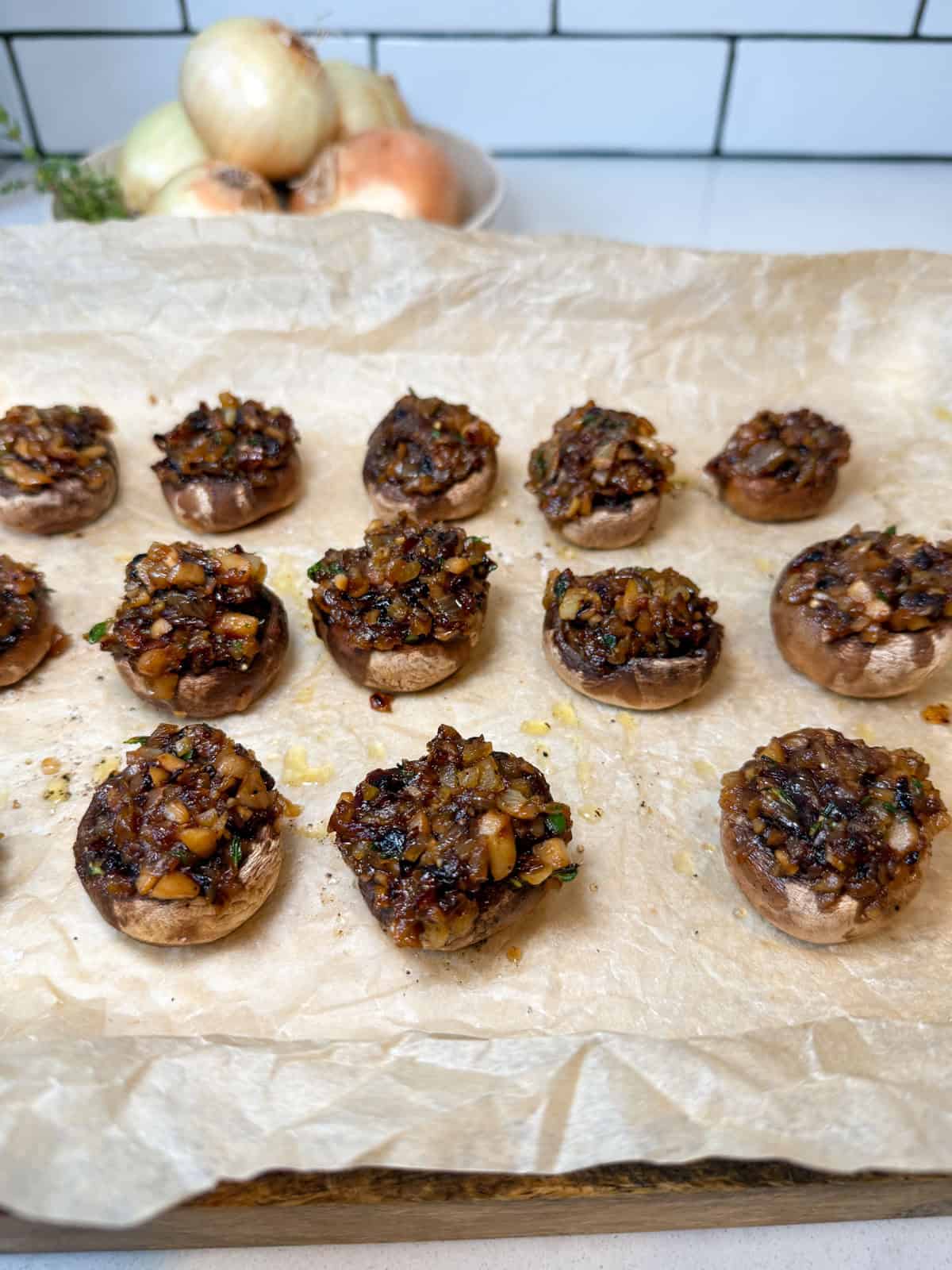 Fill each mushroom cap with caramelized onions.