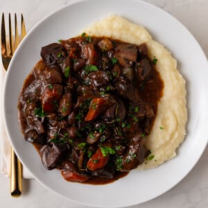 Julia Child's French beef bourguignon with red wine, mushrooms and herbs.