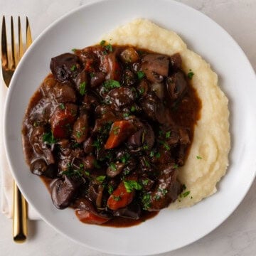 Julia Child's French beef bourguignon with red wine, mushrooms and herbs.