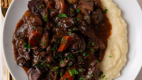 Julia Child's French beef bourguignon with red wine, mushrooms and herbs.